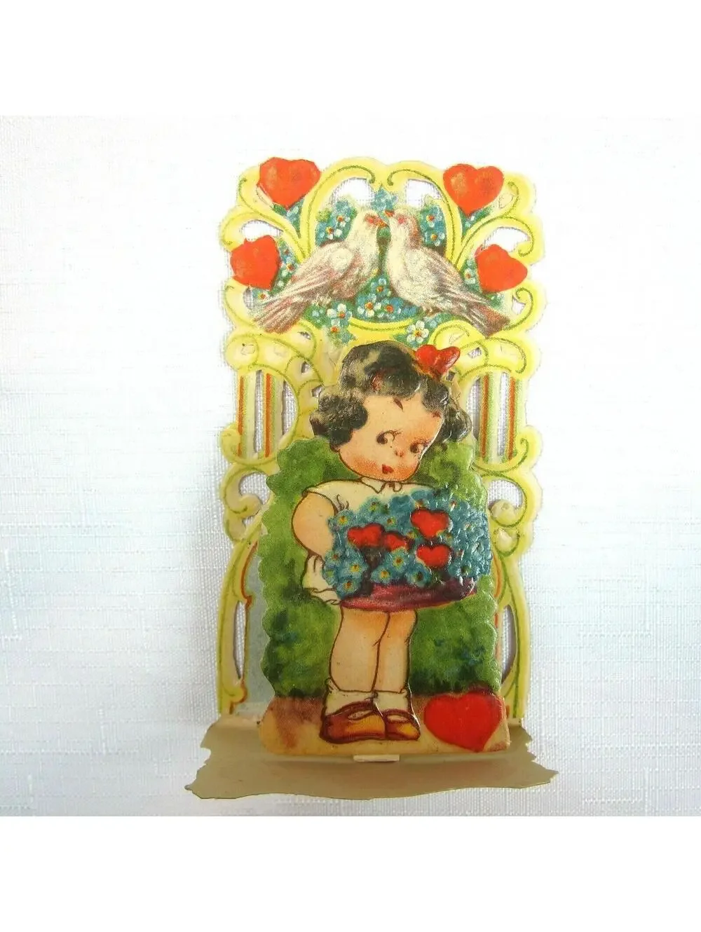Vintage Valentine Pull Down Die Cut Girl Flower Basket Stand Up Germany 1920-30s
